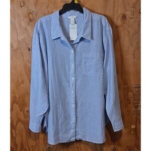 NWT H&M Shirt Linen Blend XXL Blue White Stripped Classic Summer Oversized
